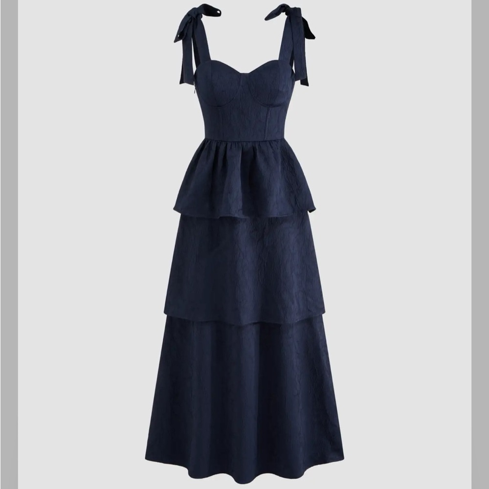 Cider JACQUARD SCOOP NECKLINE SOLID BOWKNOT LAYERED MAXI DRESS - Picture 3 of 5